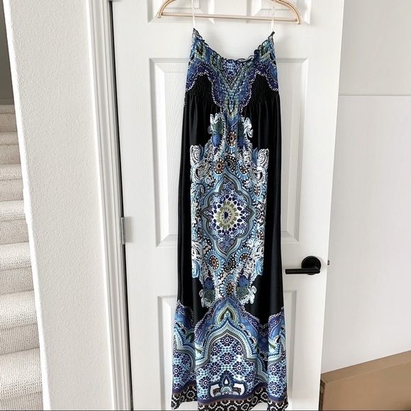 VENUS Blue Boho Medallion Print Smocked Strapless Maxi Beach Dress
